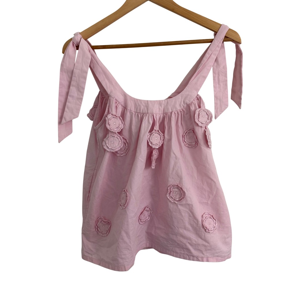 Gretchen Scott Pink Cotton‎ 3D Floral Applique Tie Shoulder Tank Top XS Coquette